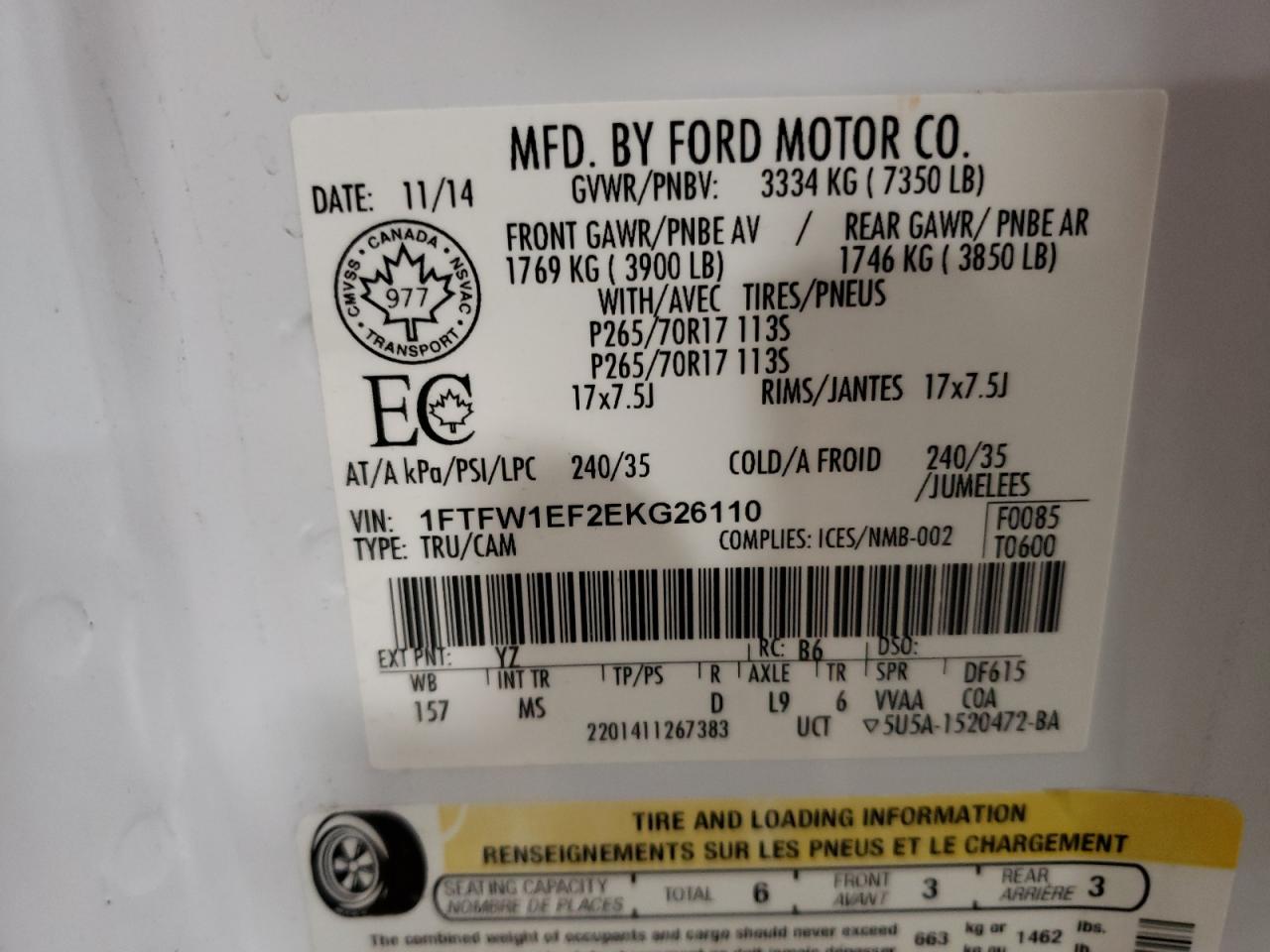 2014 Ford F-150 VIN 1FTFW1EF2EKG26110 Copart auction photo, all over damage thumbnail 12