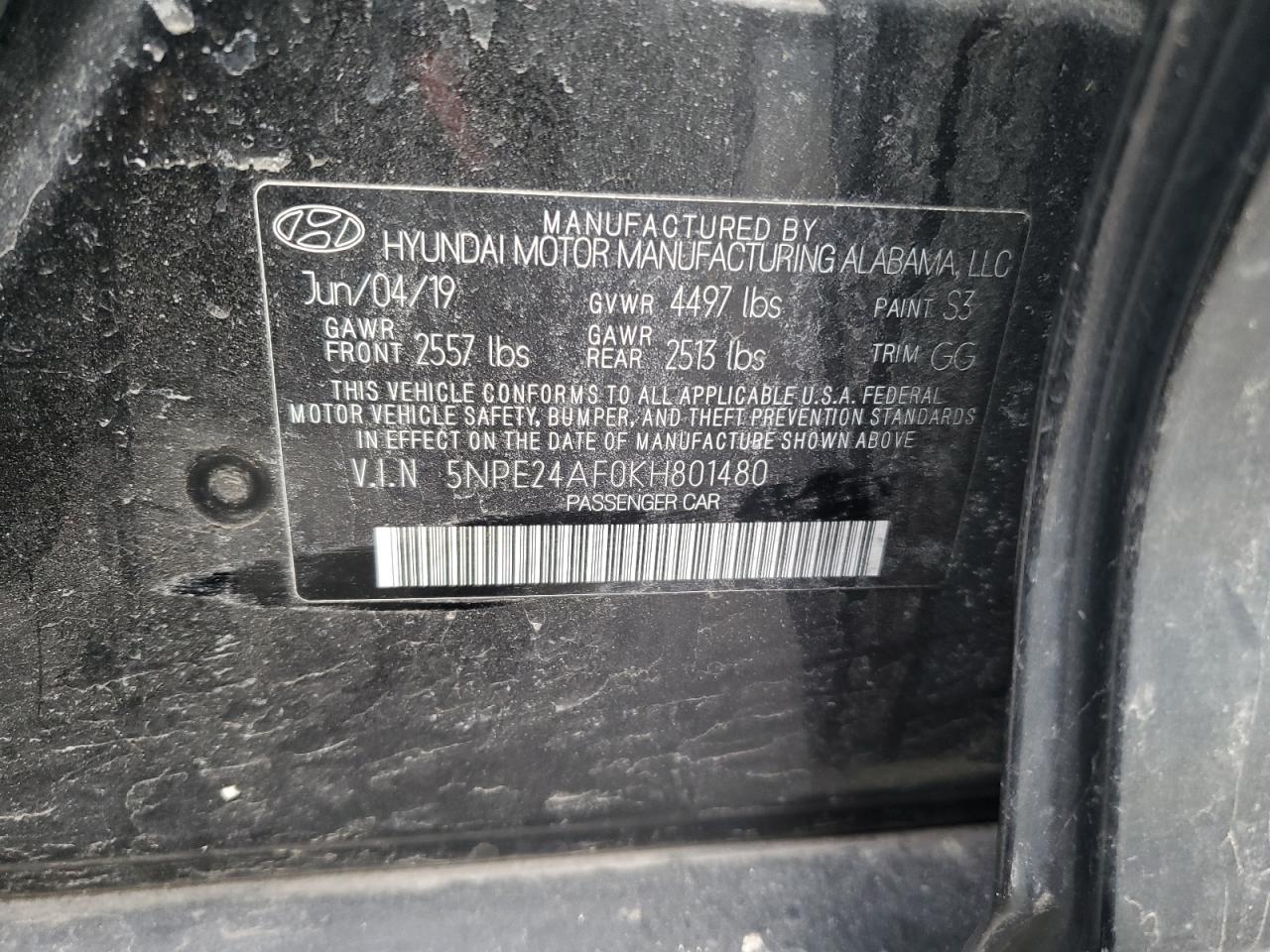 2019 Hyundai Sonata VIN 5NPE24AF0KH801480 Copart auction photo, front end / side damage thumbnail 14