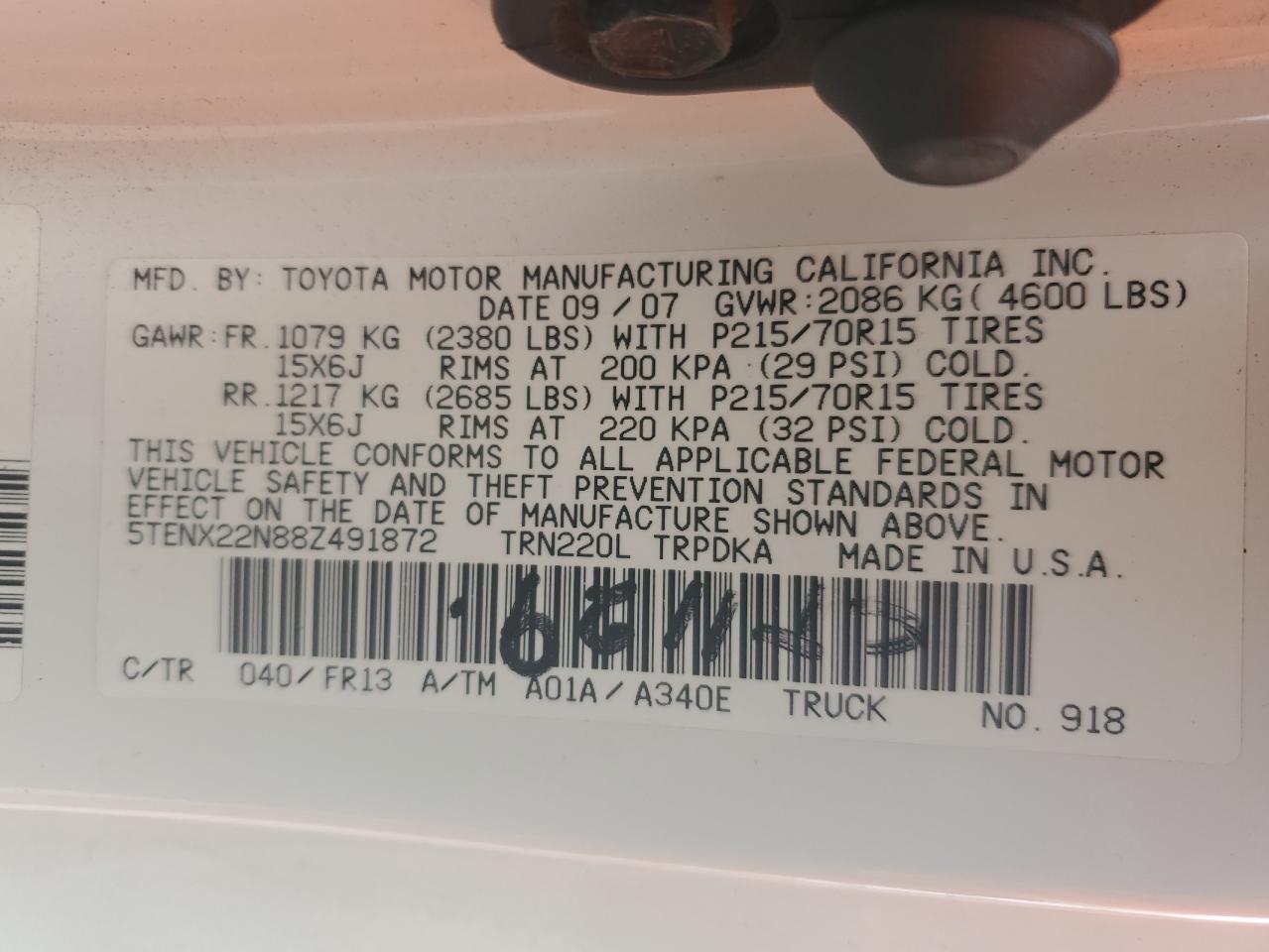 2008 Toyota Tacoma VIN 5TENX22N88Z491872 Copart auction photo, rear end damage thumbnail 12