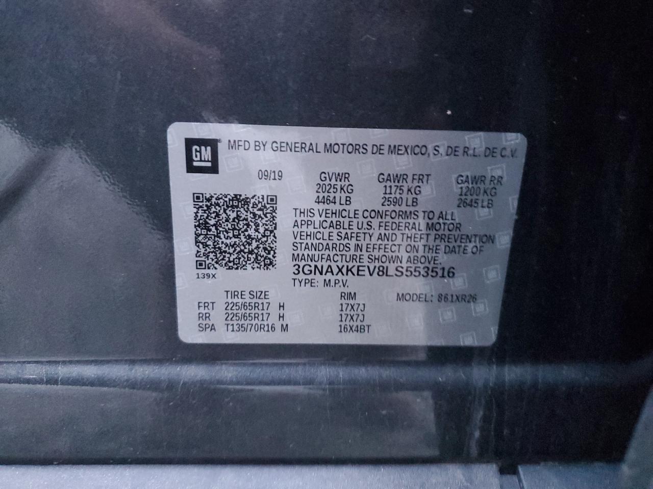 2020 Chevrolet Equinox VIN 3GNAXKEV8LS553516 Copart auction photo, all over / side damage thumbnail 13