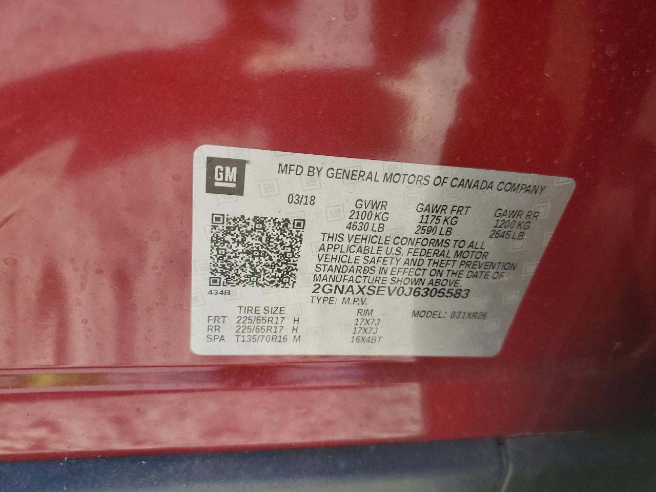 2018 Chevrolet Equinox VIN 2GNAXSEV0J6306583 Copart auction photo, rear end damage thumbnail 12