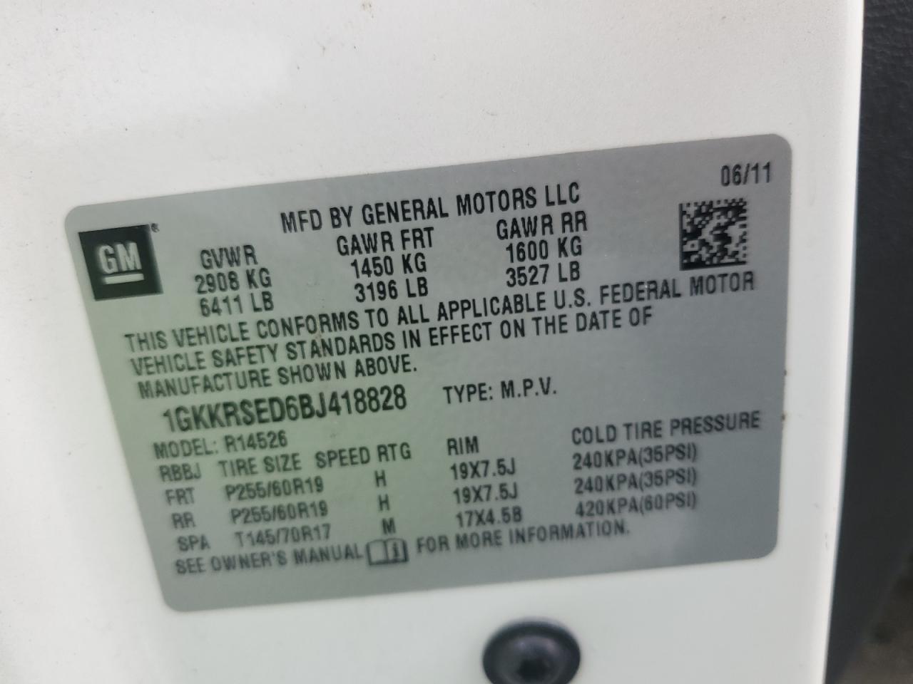 2011 GMC Acadia VIN 1GKKRSED6BJ418828 Copart auction photo, front end damage thumbnail 13
