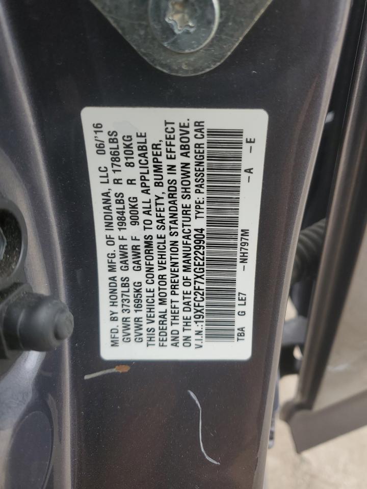 2016 Honda Civic VIN 19XFC2F7XGE229904 Copart auction photo, side / minor dent/scratches damage thumbnail 14