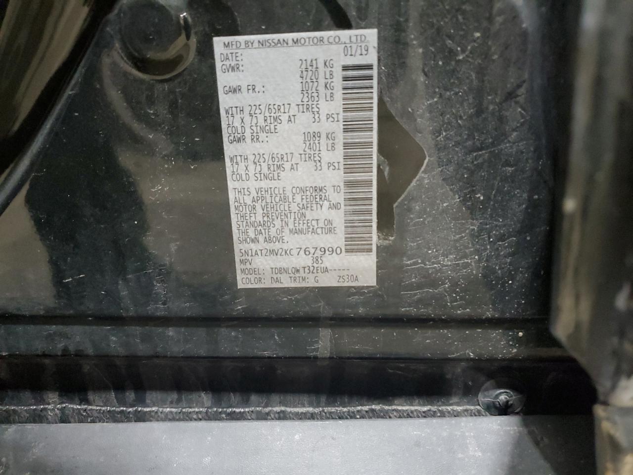 2019 Nissan Rogue VIN 5N1AT2MV2KC767990 Copart auction photo, side / front end damage thumbnail 13