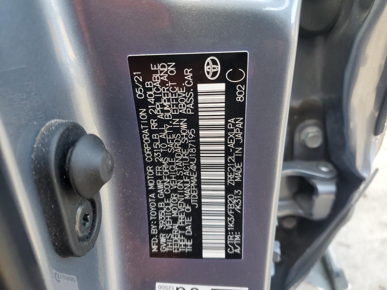 2021 Toyota Corolla VIN JTDEPMAE4MJ187195 Copart auction photo, side / rear end damage thumbnail 12