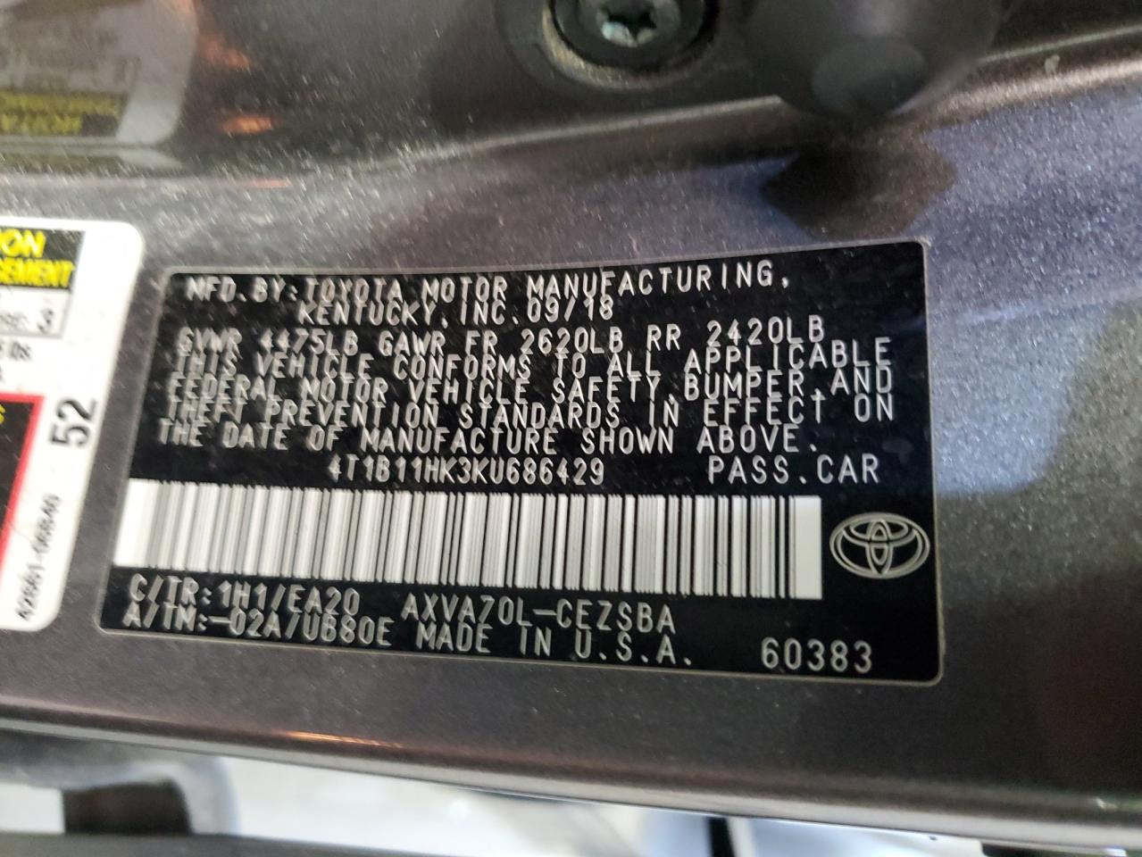 2019 Toyota Camry VIN 4T1B11HK3KU686429 Copart auction photo, rear end / undercarriage damage thumbnail 13