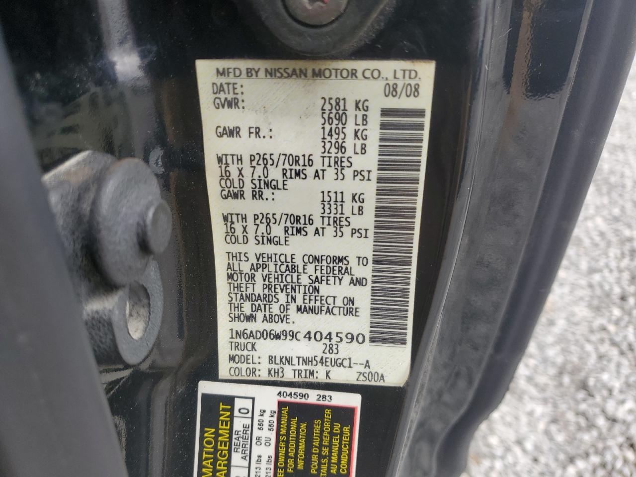 2009 Nissan Navara (Frontier) VIN 1N6AD06W99C404590 Copart auction photo, front end damage thumbnail 12