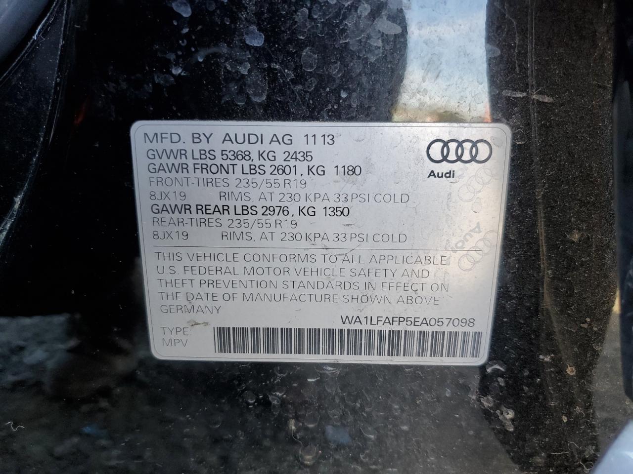 2014 Audi Q5 VIN WA1LFAFP5EA057098 Copart auction photo, rear end damage thumbnail 12