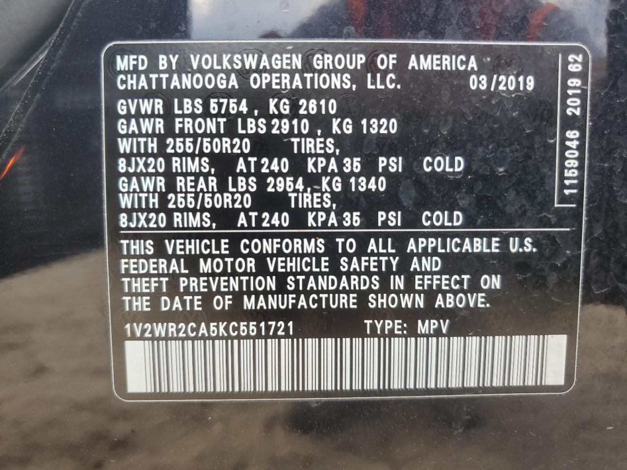 2019 Volkswagen Atlas VIN 1V2WR2CA5KC551721 Copart auction photo, front end / side damage thumbnail 14