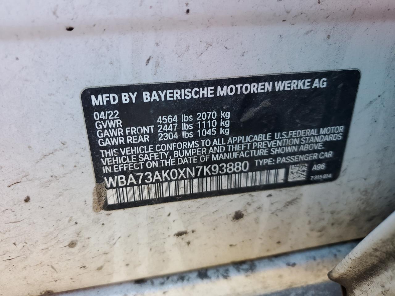 2022 BMW 2er VIN WBA73AK0XN7K93880 Copart auction photo, side / rear end damage thumbnail 12