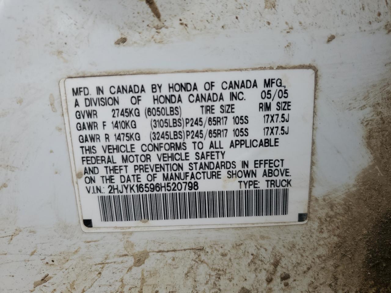 2006 Honda Ridgeline VIN 2HJYK16596H520798 Copart auction photo, front end damage thumbnail 12