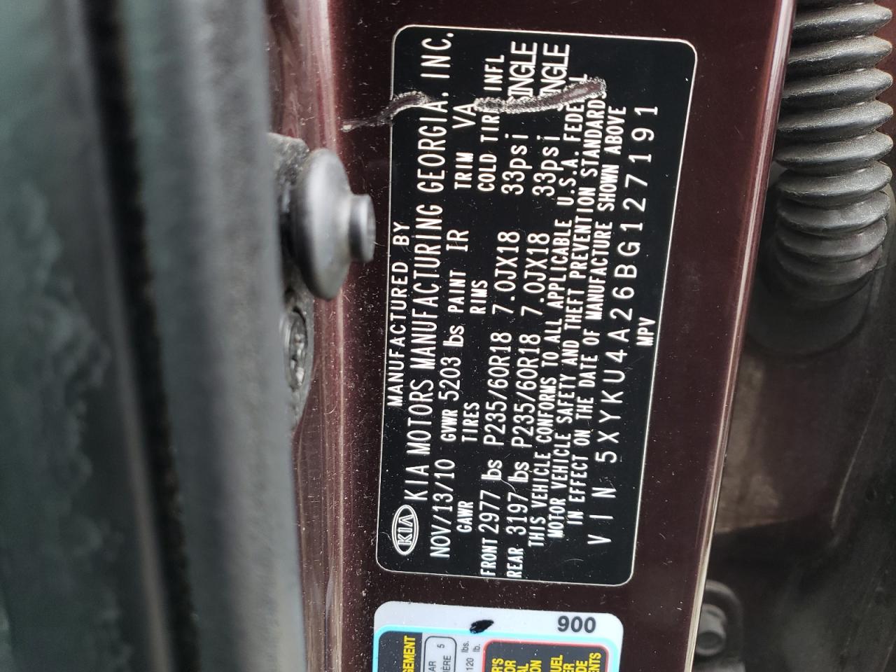 2011 KIA Sorento VIN 5XYKU4A26BG127191 Copart auction photo, front end / minor dent/scratches damage thumbnail 14