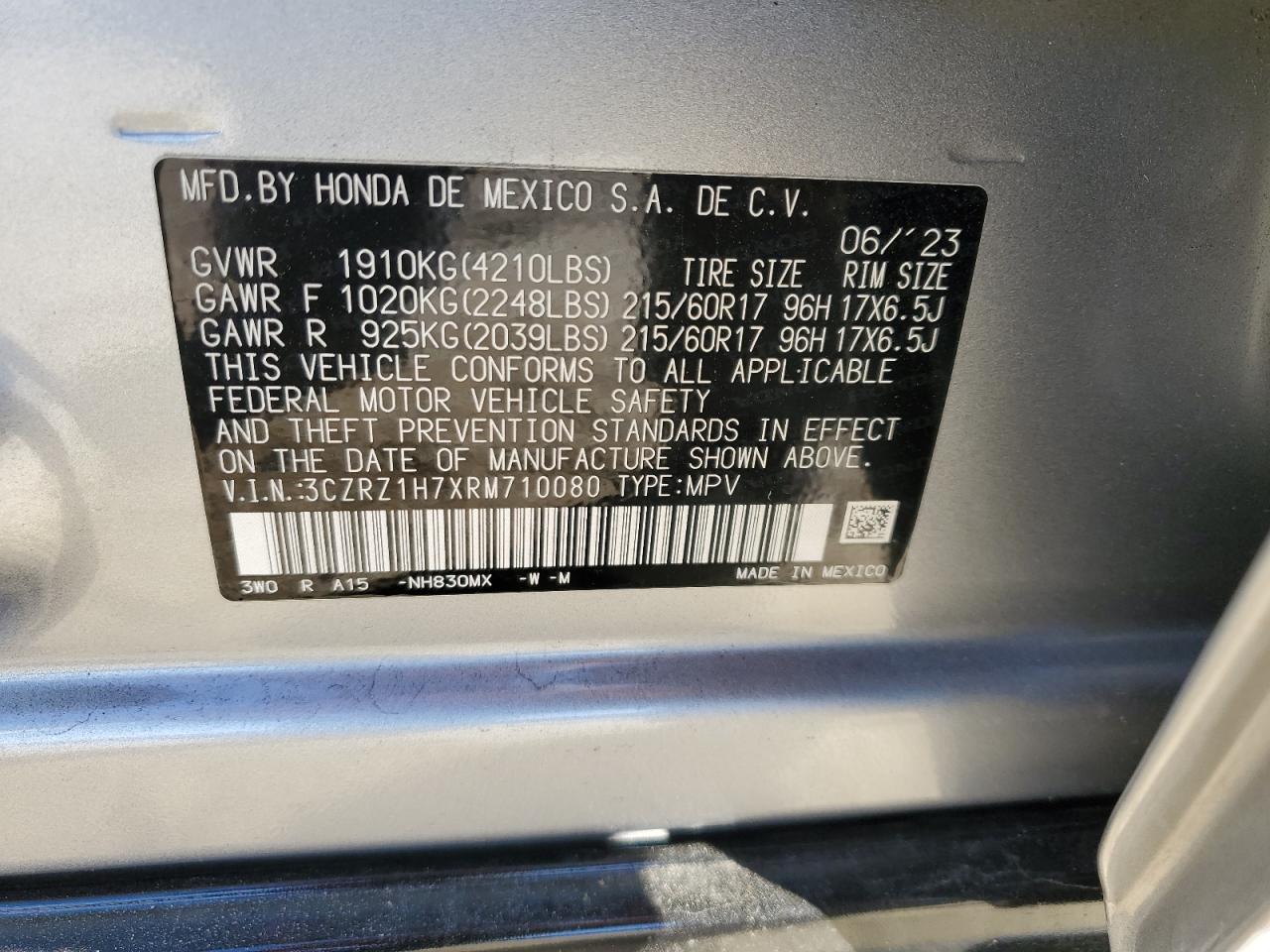 2024 Honda HR-V VIN 3CZRZ1H7XRM710080 Copart auction photo, all over damage thumbnail 12
