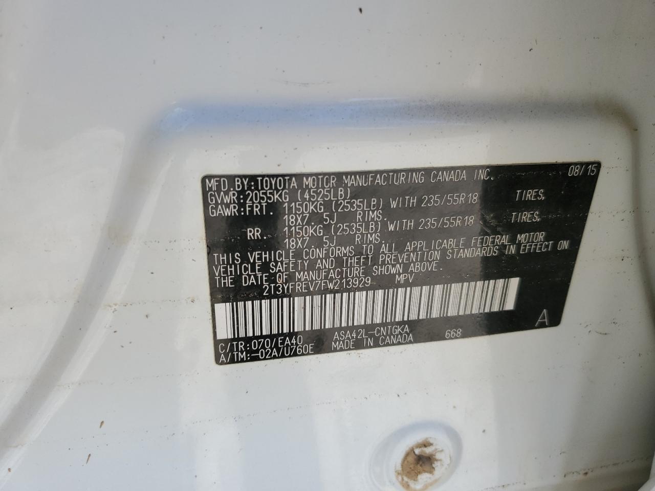 2015 Toyota RAV 4 VIN 2T3YFREV7FW213929 Copart auction photo, water/flood damage thumbnail 13