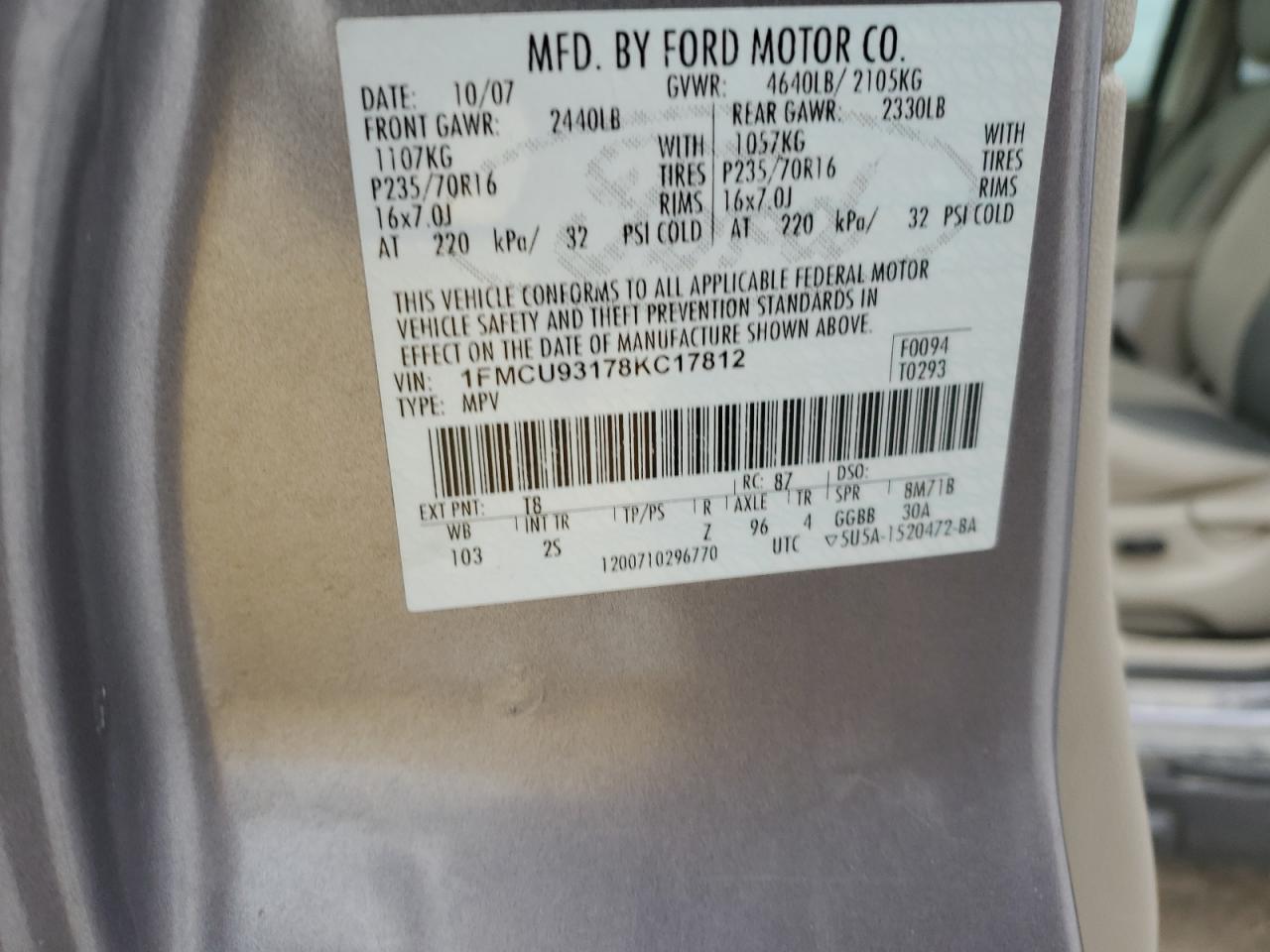 2008 Ford Escape VIN 1FMCU93178KC17812 Copart auction photo, front end damage thumbnail 13