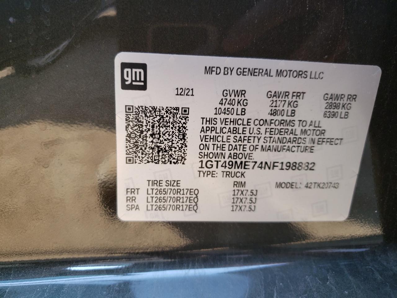 2022 GMC Sierra VIN 1GT49ME74NF198882 Copart auction photo, front end damage thumbnail 12