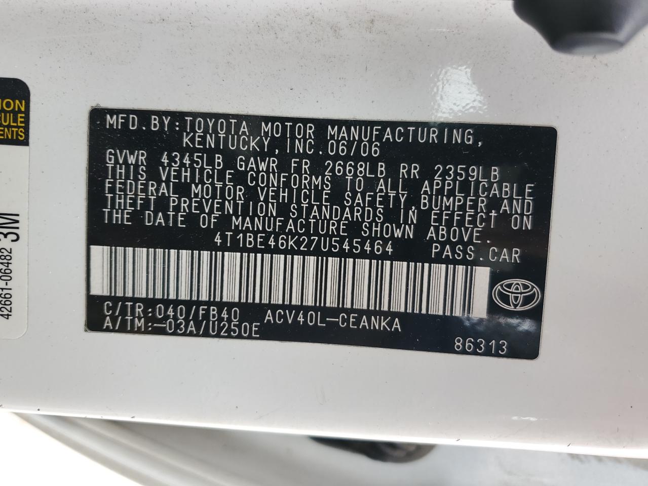 2007 Toyota Camry VIN 4T1BE46K27U545464 Copart auction photo, front end damage thumbnail 14