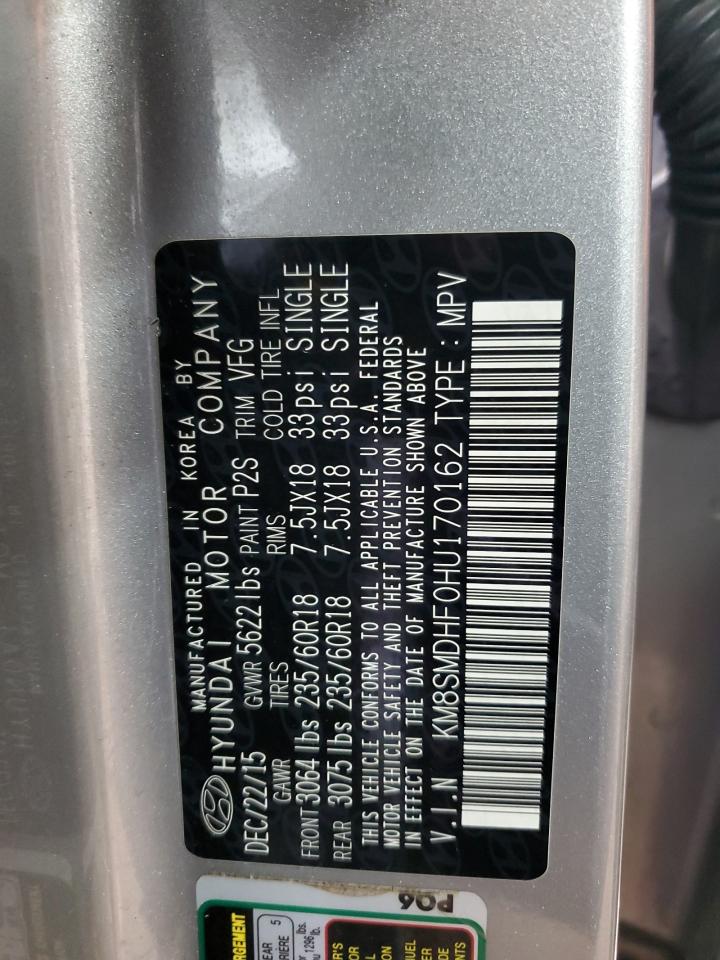 2017 Hyundai Santa Fe VIN KM8SMDHF0HU170162 Copart auction photo, front end / minor dent/scratches damage thumbnail 12