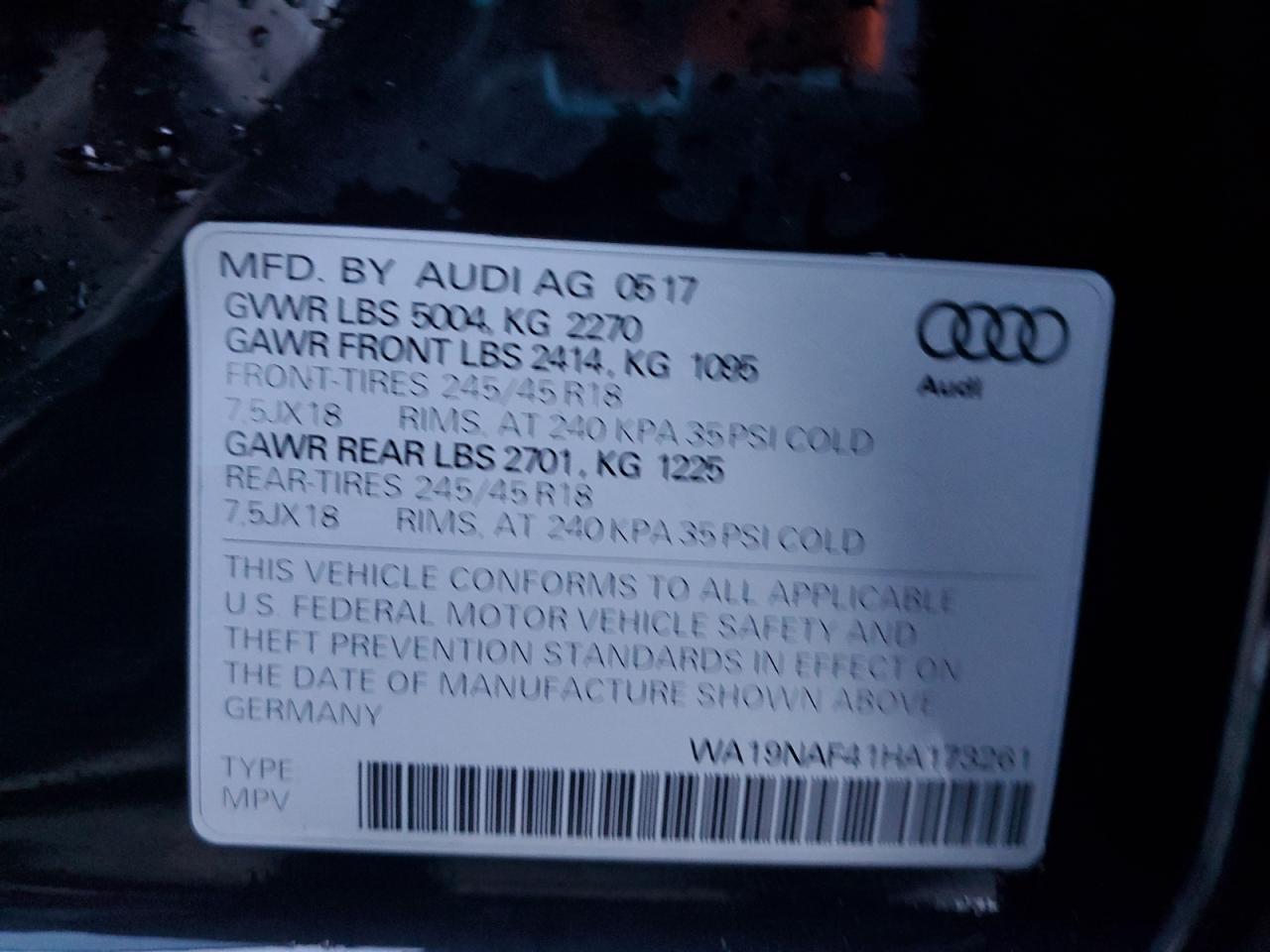 2017 Audi A4 VIN WA19NAF41HA173261 Copart auction photo, front end damage thumbnail 13