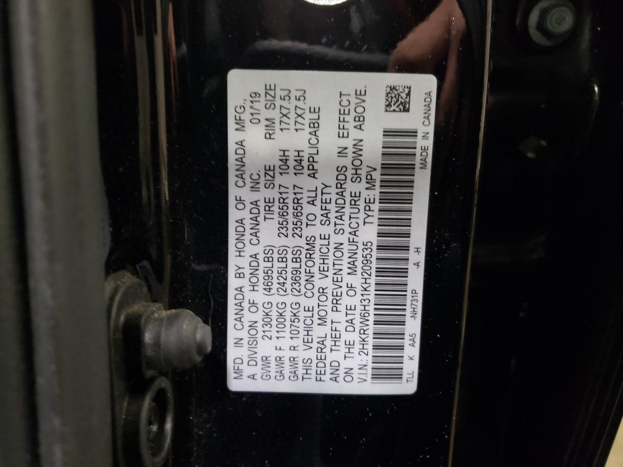 2019 Honda CR-V VIN 2HKRW6H31KH209535 Copart auction photo, front end damage thumbnail 12