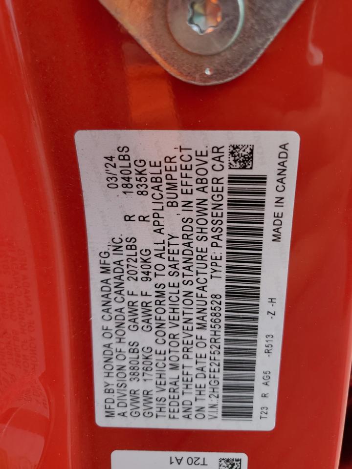 2024 Honda Civic VIN 2HGFE2F52RH568528 Copart auction photo, front end damage thumbnail 12