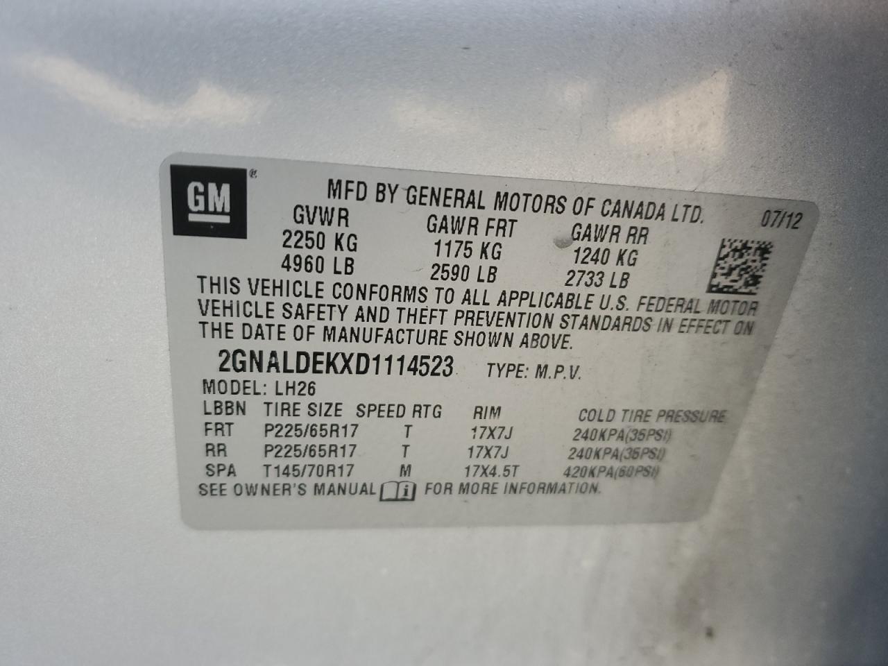 2013 Chevrolet Equinox VIN 2GNALDEKXD1114523 Copart auction photo, all over / rear end damage thumbnail 13