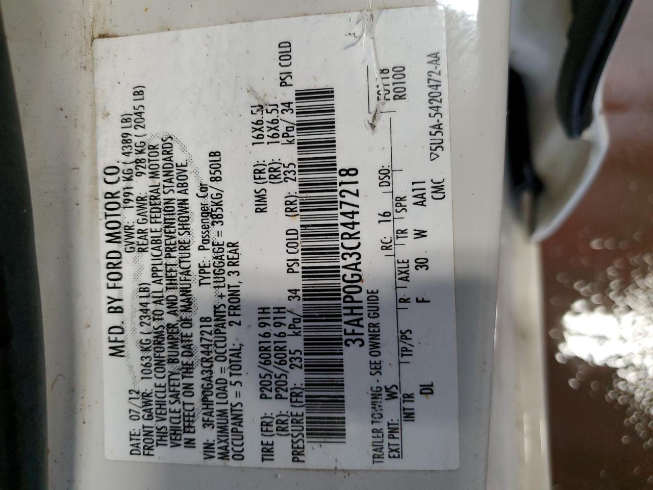 2012 Ford Fusion VIN 3FAHP0GA3CR447218 Copart auction photo, front end / top/roof damage thumbnail 12