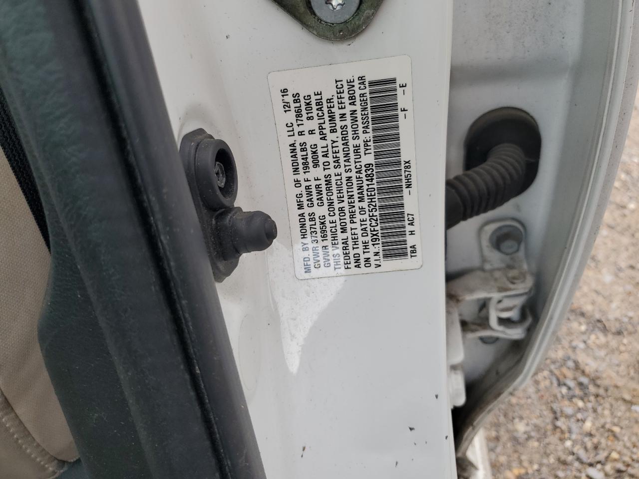 2017 Honda Civic VIN 19XFC2F52HE014839 Copart auction photo, side damage thumbnail 14