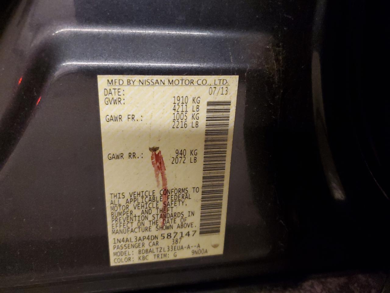 2013 Nissan Altima VIN 1N4AL3AP4DN587147 Copart auction photo, rear end / hail damage thumbnail 12