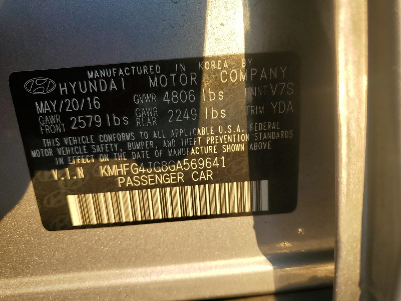 2016 Hyundai Azera VIN KMHFG4JG8GA569641 Copart auction photo, rear end / side damage thumbnail 13