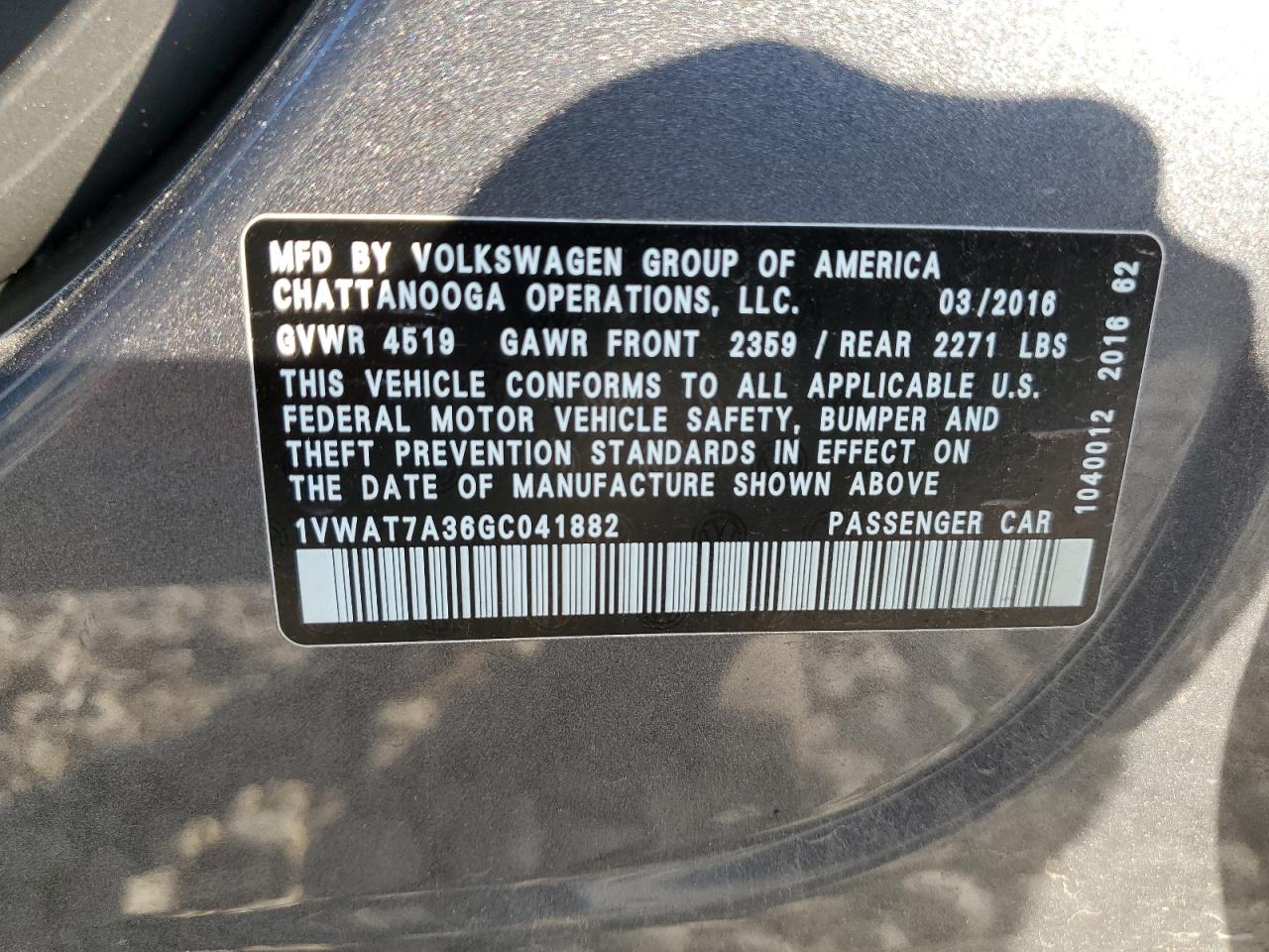 2016 Volkswagen Passat VIN 1VWAT7A36GC041882 Copart auction photo, front end damage thumbnail 14