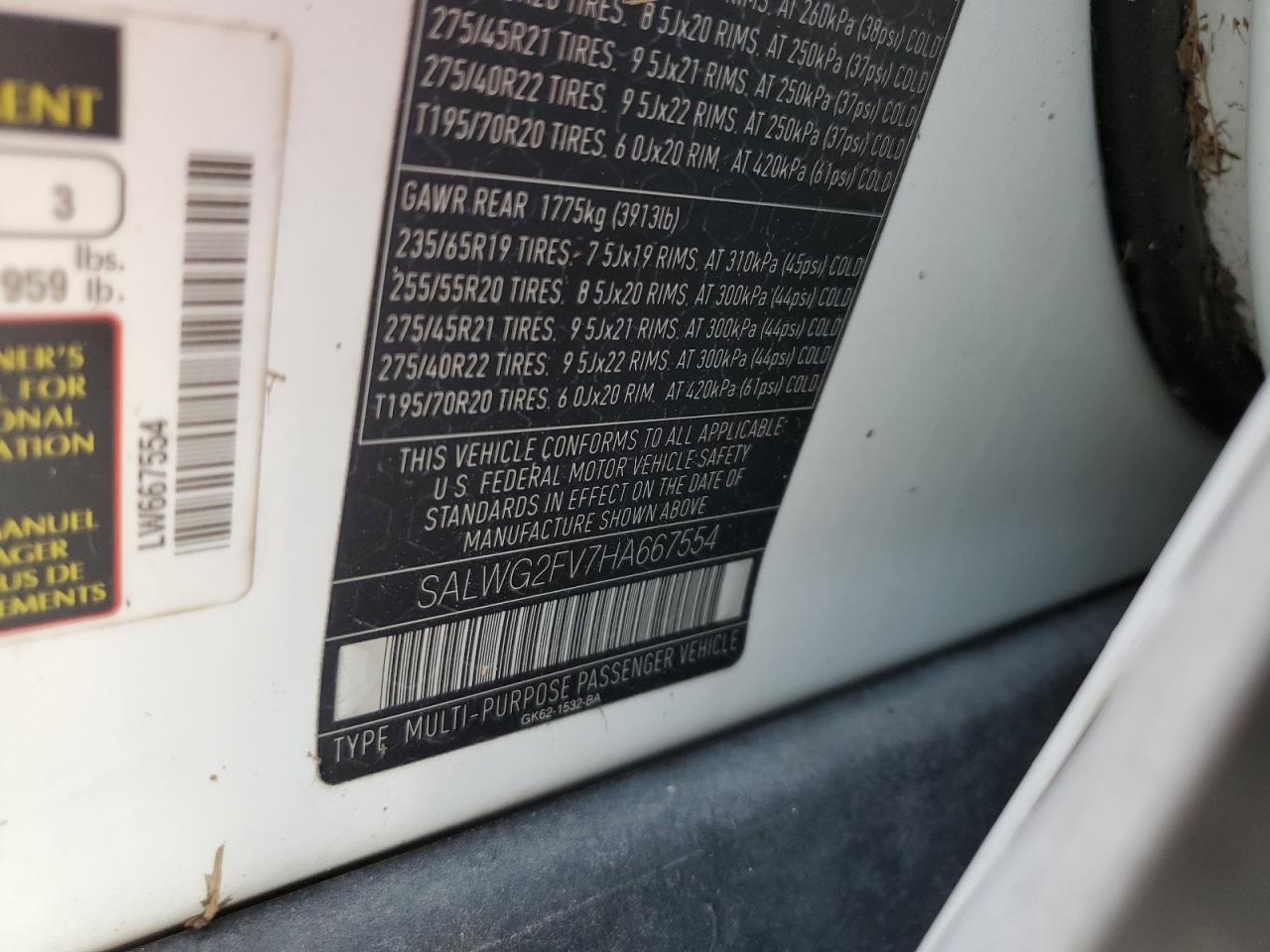 2017 Land Rover Range Rover VIN SALWG2FV7HA667554 Copart auction photo, water/flood damage thumbnail 14
