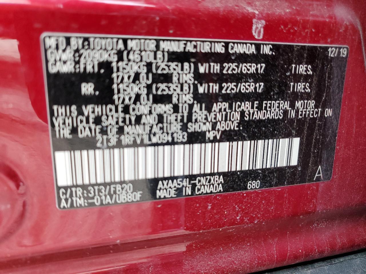 2020 Toyota RAV 4 VIN 2T3F1RFV1LW094193 Copart auction photo, rear end damage thumbnail 14