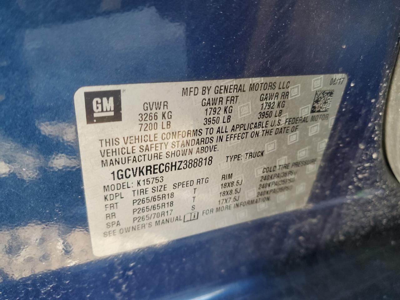 2017 Chevrolet Silverado VIN 1GCVKREC6HZ388818 Copart auction photo, rear end damage thumbnail 12