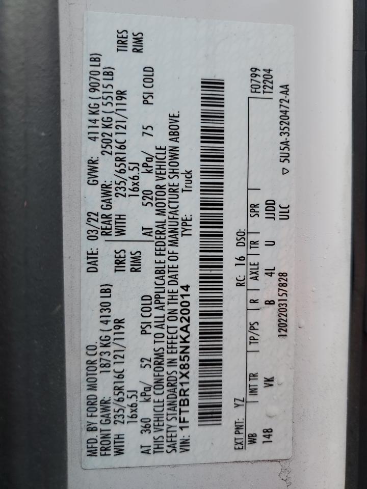 2022 Ford Transit VIN 1FTBR1X85NKA20014 Copart auction photo, rear end damage thumbnail 13