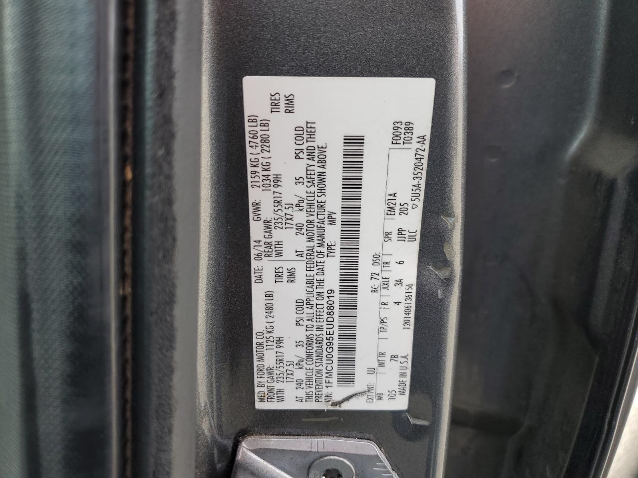 2014 Ford Escape VIN 1FMCU0G95EUD88019 Copart auction photo, front end / side damage thumbnail 13