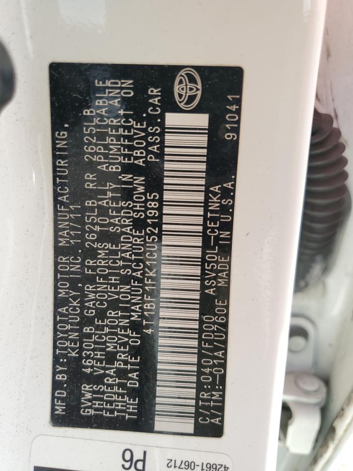 2012 Toyota Camry VIN 4T1BF1FK1CU521985 Copart auction photo, front end / minor dent/scratches damage thumbnail 13