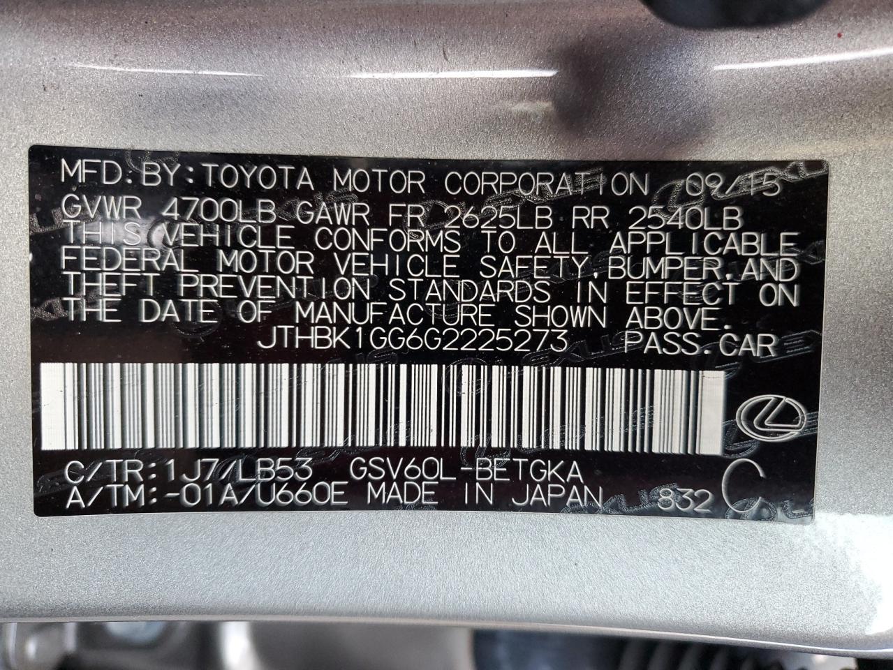 2016 Lexus ES VIN JTHBK1GG6G2225273 Copart auction photo, front end / minor dent/scratches damage thumbnail 15