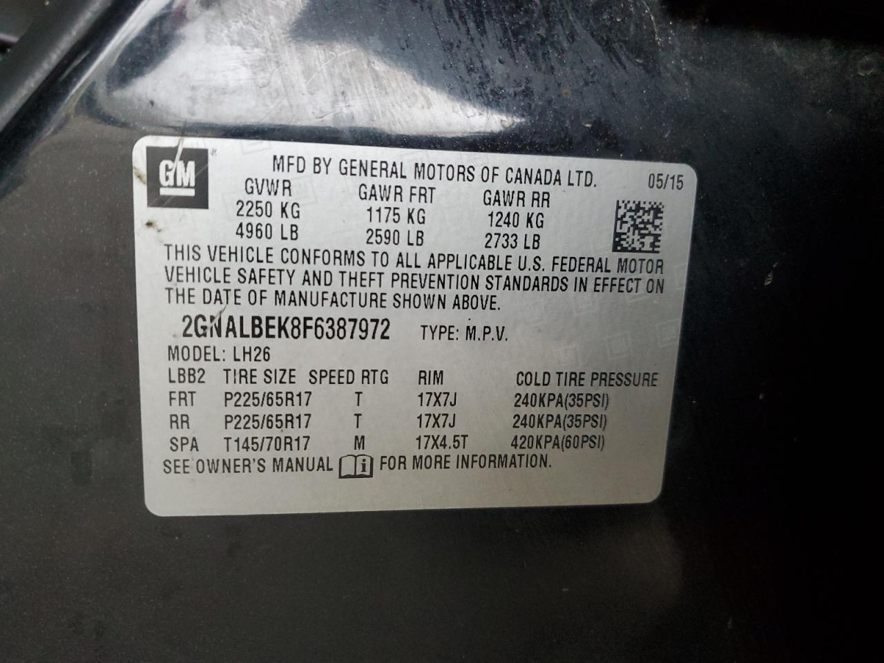 2015 Chevrolet Equinox VIN 2GNALBEK8F6387972 Copart auction photo, minor dent/scratches damage thumbnail 12