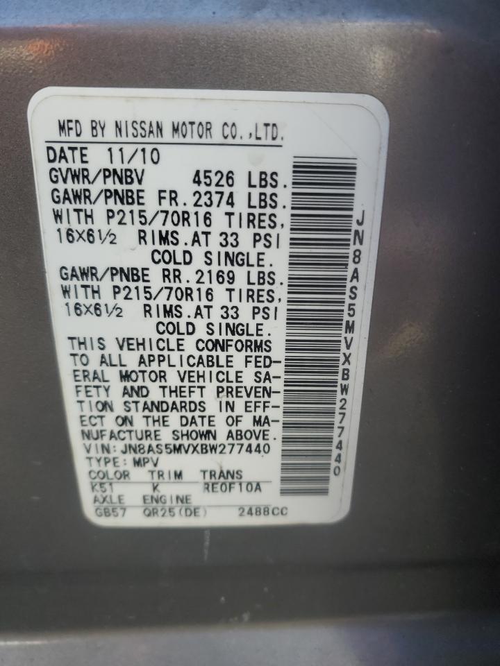 2011 Nissan Rogue VIN JN8AS5MVXBW277440 Copart auction photo, front end / minor dent/scratches damage thumbnail 13