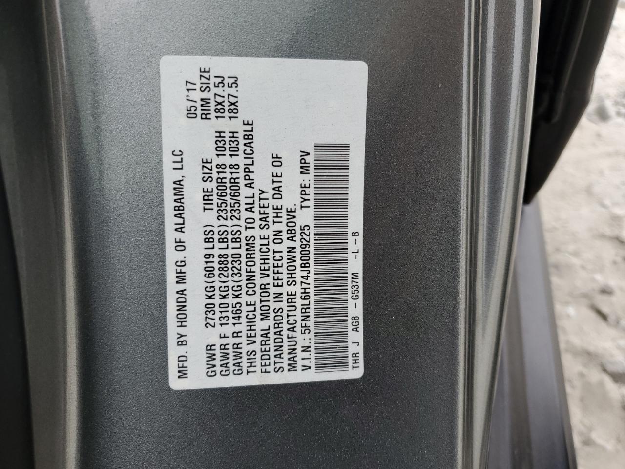 2018 Honda Odyssey VIN 5FNRL6H74JB009225 Copart auction photo, rear end damage thumbnail 13