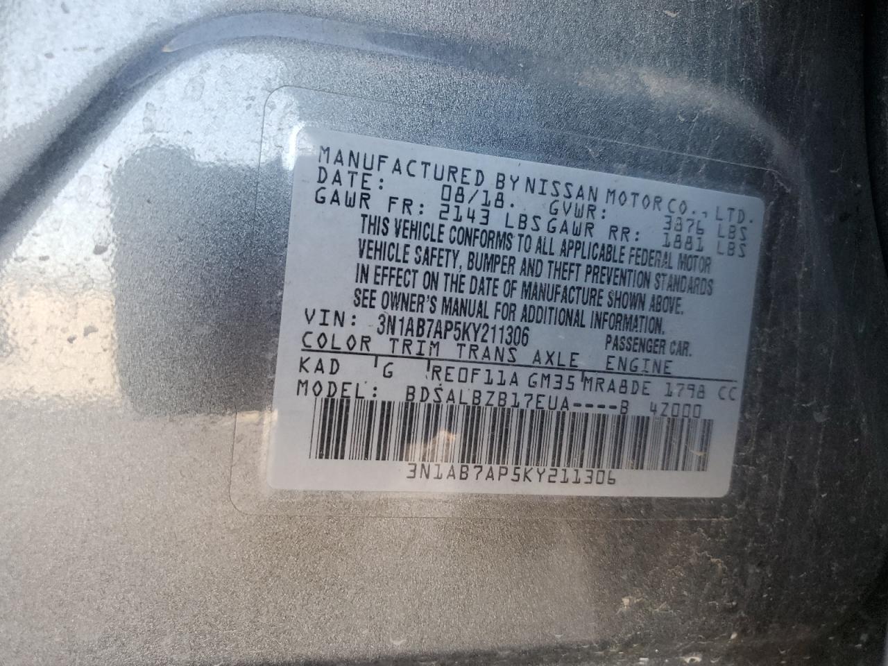 2019 Nissan Sentra VIN 3N1AB7AP5KY211306 Copart auction photo, front end / rear end damage thumbnail 12