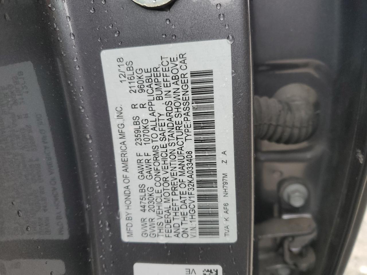 2019 Honda Accord VIN 1HGCV1F32KA033408 Copart auction photo, front end / side damage thumbnail 12