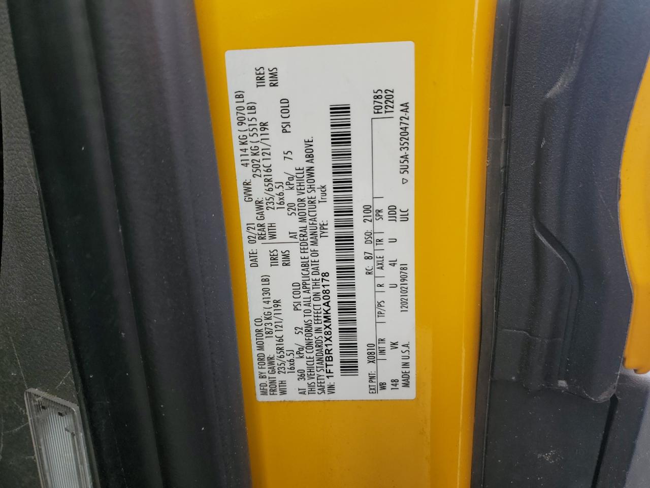 2021 Ford Transit VIN 1FTBR1X8XMKA08178 Copart auction photo, water/flood damage thumbnail 14