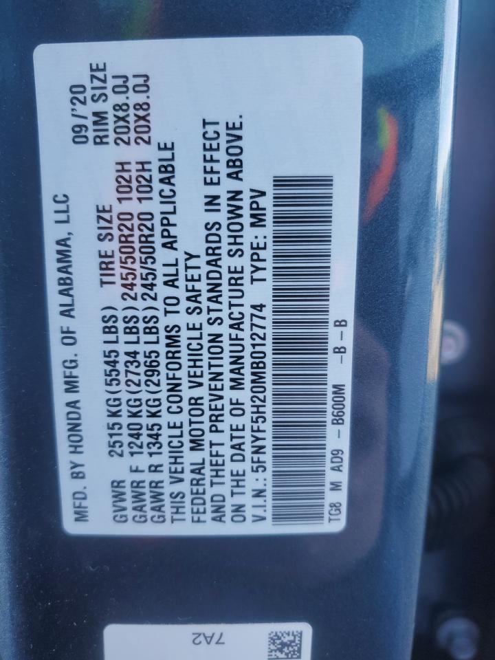 2021 Honda Pilot VIN 5FNYF5H20MB012774 Copart auction photo, front end damage thumbnail 14
