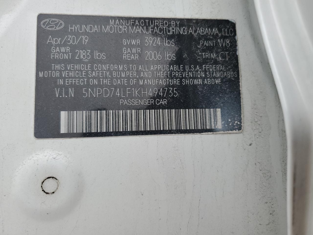 2019 Hyundai Elantra VIN 5NPD74LF1KH494735 Copart auction photo, front end damage thumbnail 14