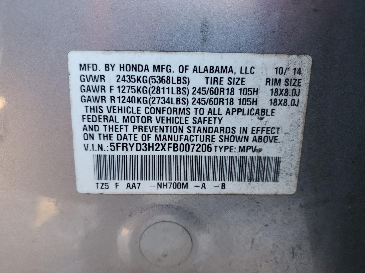 2015 Acura MDX VIN 5FRYD3H2XFB007206 Copart auction photo, all over damage thumbnail 15