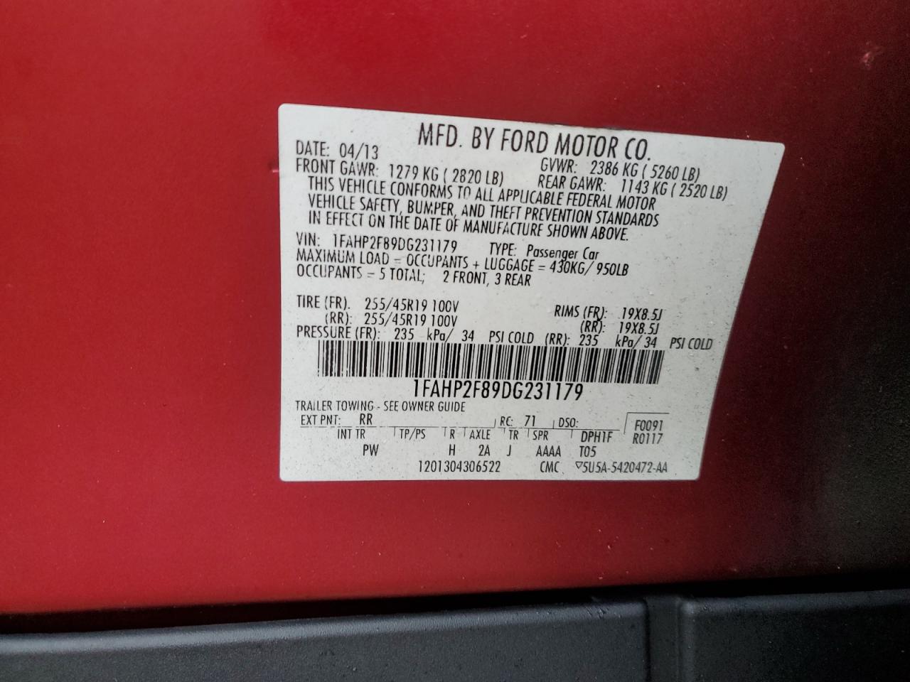 2013 Ford Taurus VIN 1FAHP2F89DG231179 Copart auction photo, rear end damage thumbnail 12