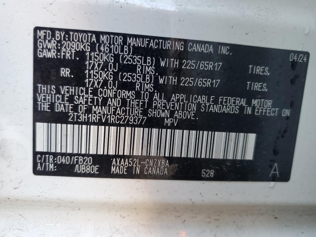 2024 Toyota RAV 4 VIN 2T3H1RFV1RC279377 Copart auction photo, side / front end damage thumbnail 12