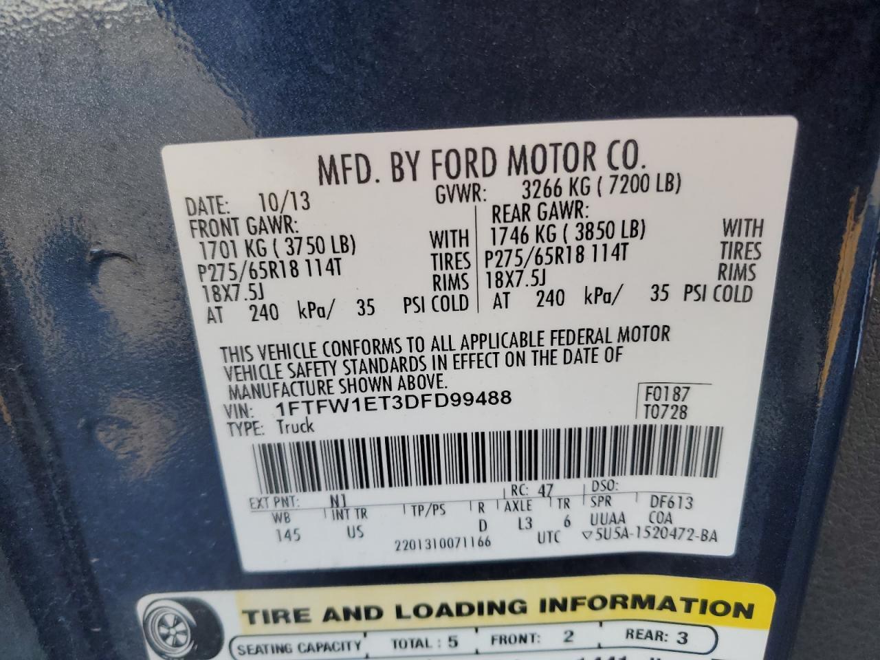 2013 Ford F-150 VIN 1FTFW1ET3DFD99488 Copart auction photo, front end damage thumbnail 12